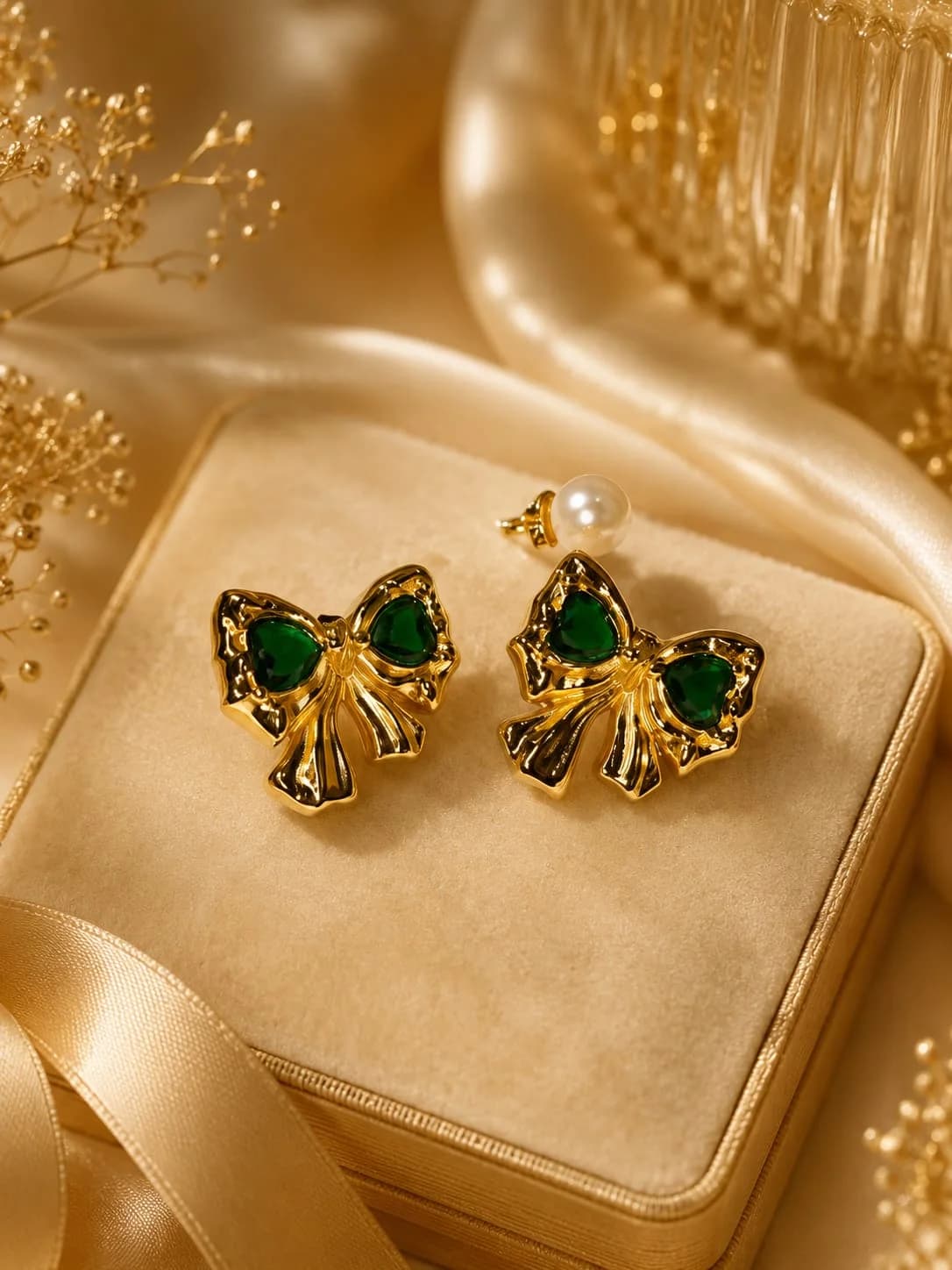 Emerald Bow Pearl Stud